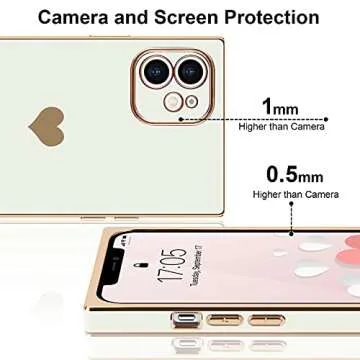 Urarssa Compatible with iPhone 12 Case Rectangle Cute Plating Gold Luxury Love Heart Phone Case for Women Girls Shockproof Raised Full Camera Lens Protection Bumper Cover for iPhone 12, White