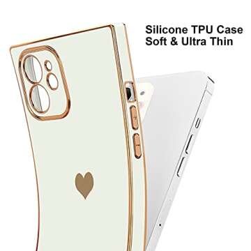 Urarssa Compatible with iPhone 12 Case Rectangle Cute Plating Gold Luxury Love Heart Phone Case for Women Girls Shockproof Raised Full Camera Lens Protection Bumper Cover for iPhone 12, White