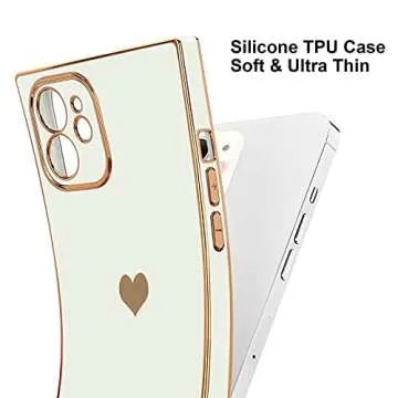 Urarssa Compatible with iPhone 12 Case Rectangle Cute Plating Gold Luxury Love Heart Phone Case for Women Girls Shockproof Raised Full Camera Lens Protection Bumper Cover for iPhone 12, White