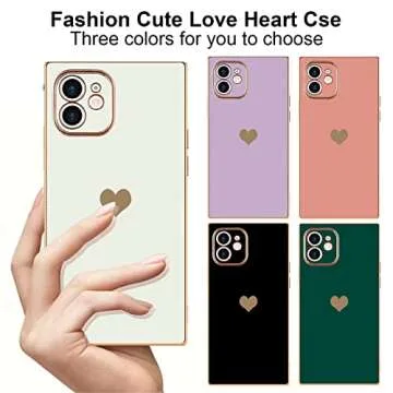 Urarssa Compatible with iPhone 12 Case Rectangle Cute Plating Gold Luxury Love Heart Phone Case for Women Girls Shockproof Raised Full Camera Lens Protection Bumper Cover for iPhone 12, White