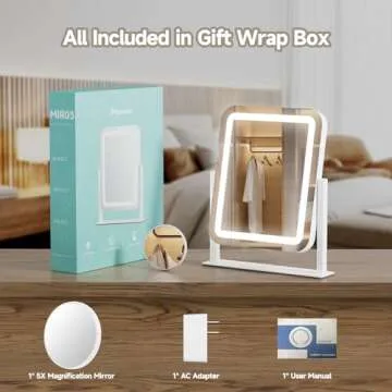 PRIMETEK Vanity Mirror with Lights, 16"x14" Large LED Lighted Makeup Mirror, Hollywood Makeup Mirror, Touch Screen, 3-Color Lighting, 5X Magnification, for Vanity Desk Tabletop, Bedroom, White