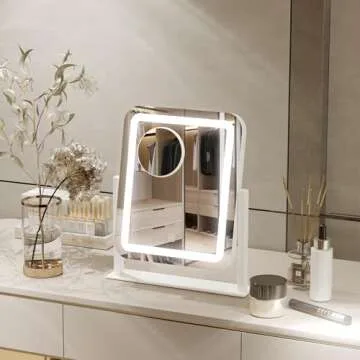 PRIMETEK Vanity Mirror with Lights, 16"x14" Large LED Lighted Makeup Mirror, Hollywood Makeup Mirror, Touch Screen, 3-Color Lighting, 5X Magnification, for Vanity Desk Tabletop, Bedroom, White