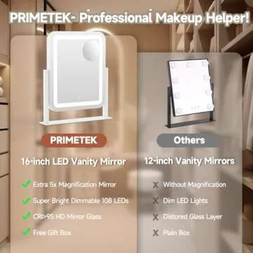 PRIMETEK Vanity Mirror with Lights, 16"x14" Large LED Lighted Makeup Mirror, Hollywood Makeup Mirror, Touch Screen, 3-Color Lighting, 5X Magnification, for Vanity Desk Tabletop, Bedroom, White