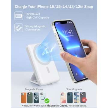 podoru for Magsafe Battery Pack, Foldable 10000mAh Magnetic Power Bank with USB-C Cable LED Display 22.5W PD Fast Charging Wireless Portable Charger for iPhone 16/15/14/13/12 Series-White