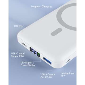podoru for Magsafe Battery Pack, Foldable 10000mAh Magnetic Power Bank with USB-C Cable LED Display 22.5W PD Fast Charging Wireless Portable Charger for iPhone 16/15/14/13/12 Series-White