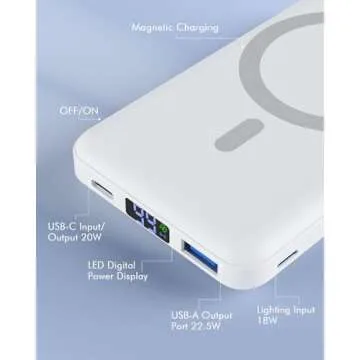 podoru for Magsafe Battery Pack, Foldable 10000mAh Magnetic Power Bank with USB-C Cable LED Display 22.5W PD Fast Charging Wireless Portable Charger for iPhone 16/15/14/13/12 Series-White