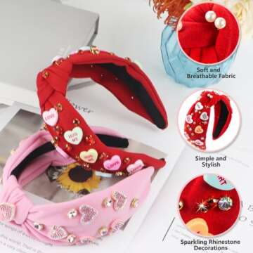 Gosuoa Valentine's Day Headband for Women,knotted Headband for Women,Red Pink Jeweled Rhinestone Crystal Top Knot Headband Valentine’s Day Hair Accessories for Girls Women