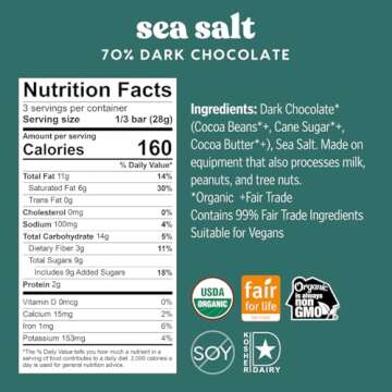 Theo Chocolate Sea Salt Organic Dark Chocolate Bar, 70% Cacao, 6 Pack | Vegan, Fair Trade
