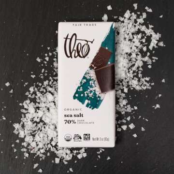 Theo Chocolate Sea Salt Organic Dark Chocolate Bar, 70% Cacao, 6 Pack | Vegan, Fair Trade