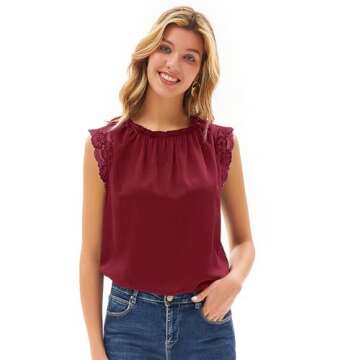 Women's Lace Trim Cap Sleeve Blouse Shirt Frill Neck Summer Sleeveless Top Work Office Solid Top Win...