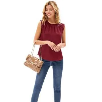 Women's Lace Trim Cap Sleeve Blouse Shirt Frill Neck Summer Sleeveless Top Work Office Solid Top Wine Red S