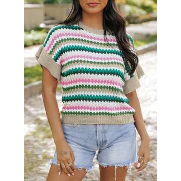 EVALESS Casual Short Batwing Sleeve Sweaters for Women 2024 Summer Crewneck Color Block Sweater Tops...