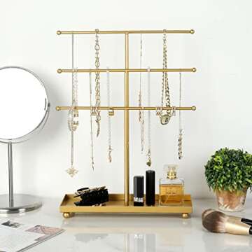 MyGift 3 Tier Brass Metal T-Bar Jewelry Organizer Stand, Necklace and Bracelet Hanging Display with ...