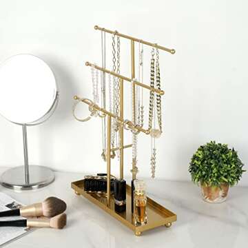 MyGift 3 Tier Brass Metal T-Bar Jewelry Organizer Stand, Necklace and Bracelet Hanging Display with Ring Tray