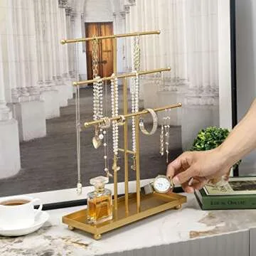 MyGift 3 Tier Brass Metal T-Bar Jewelry Organizer Stand, Necklace and Bracelet Hanging Display with Ring Tray