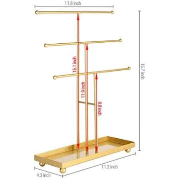 MyGift 3 Tier Brass Metal T-Bar Jewelry Organizer Stand, Necklace and Bracelet Hanging Display with Ring Tray