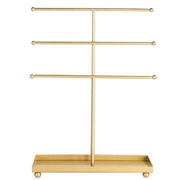 MyGift 3 Tier Brass Metal T-Bar Jewelry Organizer Stand, Necklace and Bracelet Hanging Display with Ring Tray