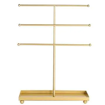 MyGift 3 Tier Brass Metal T-Bar Jewelry Organizer Stand, Necklace and Bracelet Hanging Display with Ring Tray