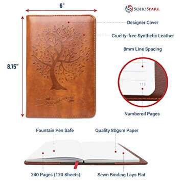 Tree Writing Journal by SohoSpark, Refillable Faux Leather, Lined Personal Diary, 6x8.75 Notebook for Writers. Fountain Pen Friendly, Lay-Flat Binding
