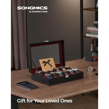 SONGMICS Watch Box, 12-Slot Watch Case with Large Glass Lid, Removable Watch Pillows, Watch Box Orga...