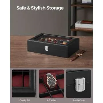 SONGMICS Watch Box, 12-Slot Watch Case with Large Glass Lid, Removable Watch Pillows, Watch Box Organizer, Gift for Loved Ones, Black Synthetic Leather, Wine Red Lining UJWB120R01