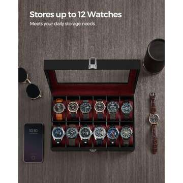 SONGMICS Watch Box, 12-Slot Watch Case with Large Glass Lid, Removable Watch Pillows, Watch Box Organizer, Gift for Loved Ones, Black Synthetic Leather, Wine Red Lining UJWB120R01