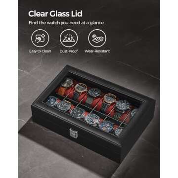 SONGMICS Watch Box, 12-Slot Watch Case with Large Glass Lid, Removable Watch Pillows, Watch Box Organizer, Gift for Loved Ones, Black Synthetic Leather, Wine Red Lining UJWB120R01