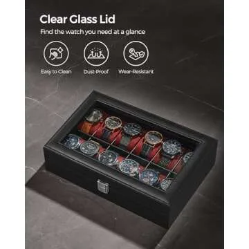 SONGMICS Watch Box, 12-Slot Watch Case with Large Glass Lid, Removable Watch Pillows, Watch Box Organizer, Gift for Loved Ones, Black Synthetic Leather, Wine Red Lining UJWB120R01