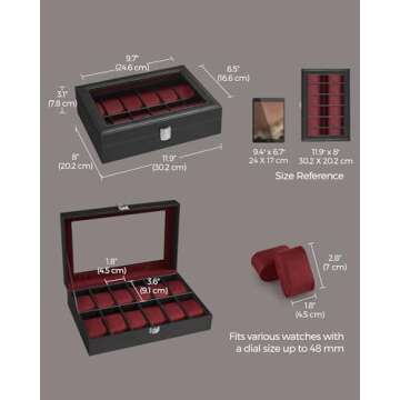 SONGMICS Watch Box, 12-Slot Watch Case with Large Glass Lid, Removable Watch Pillows, Watch Box Organizer, Gift for Loved Ones, Black Synthetic Leather, Wine Red Lining UJWB120R01