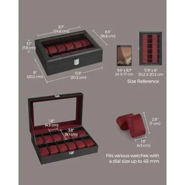 SONGMICS Watch Box, 12-Slot Watch Case with Large Glass Lid, Removable Watch Pillows, Watch Box Organizer, Gift for Loved Ones, Black Synthetic Leather, Wine Red Lining UJWB120R01