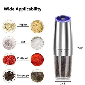 Gravity Electric Salt and Pepper Grinder Set, Automatic Salt and Pepper Mill, Battery-Operated with Adjustable Coarseness, Premium Stainless Steel with LED Light, One Hand Operated（Sliver 2pack)