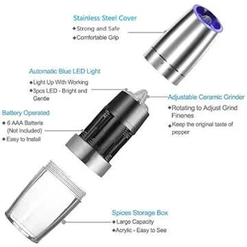 Gravity Electric Salt and Pepper Grinder Set, Automatic Salt and Pepper Mill, Battery-Operated with Adjustable Coarseness, Premium Stainless Steel with LED Light, One Hand Operated（Sliver 2pack)