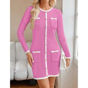 ZESICA Fall Dresses for Women 2025 Long Sleeve Color Block Knit Bodycon Dress with Pockets