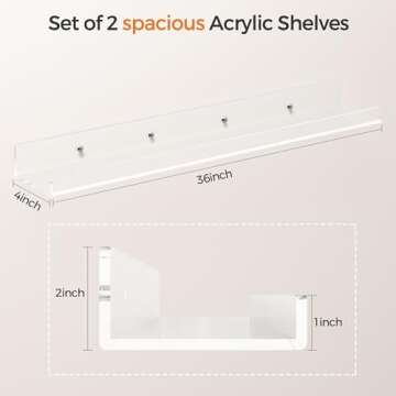 HBlife 36 Inches Floating Shelves Wall Mounted Clear Acrylic Shelves for Figures, Invisible Floating Bookshelf for Kids and Nursery, 2 Pack (5MM Thick)