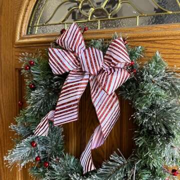 Candy Cane Stripes Christmas Bow - 10" Wide, 18" Long Pre-Tied Bow, Red and White, Door Decoration, ...