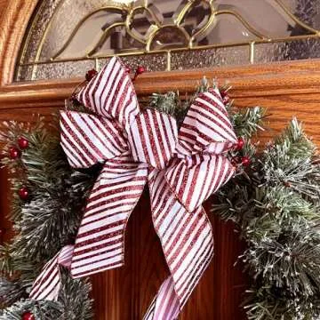 Candy Cane Stripes Christmas Bow - 10" Wide, 18" Long Pre-Tied Bow, Red and White, Door Decoration, Swag, Wreath, Garland, Boxing Day, Christmas Tree Ribbon, Winter Decoration, Front Door Decor