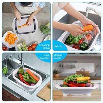 Goodking Collapsible Cutting Board with Colander, 4-in-1 Multi-function Foldable Kitchen Plastic Silicone Dish Tub Drainers, Sink Storage Washing Draining Basket for Fruits/Vegetables/Picnic/Camping