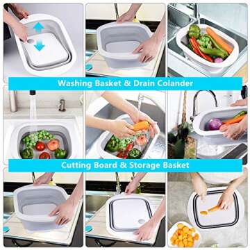 Goodking Collapsible Cutting Board with Colander, 4-in-1 Multi-function Foldable Kitchen Plastic Silicone Dish Tub Drainers, Sink Storage Washing Draining Basket for Fruits/Vegetables/Picnic/Camping
