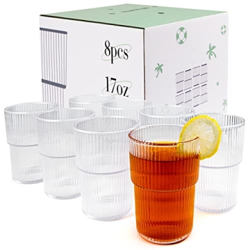 RÉΑLWÁY Plastic Tumblers, Unbreakable Ribbed Glasses, 17OZ Origami Style Drinking Cup, Reusable P...