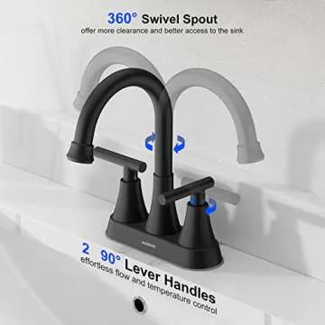 Bathroom Faucets for Sink 3 Hole, Hurran 4 inch Matte Black with Pop-up Drain and 2 Supply Hoses, Stainless Steel Lead-Free 2-Handle Centerset Faucet for Sink Vanity