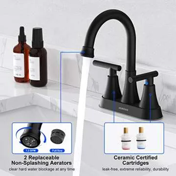 Bathroom Faucets for Sink 3 Hole, Hurran 4 inch Matte Black with Pop-up Drain and 2 Supply Hoses, Stainless Steel Lead-Free 2-Handle Centerset Faucet for Sink Vanity