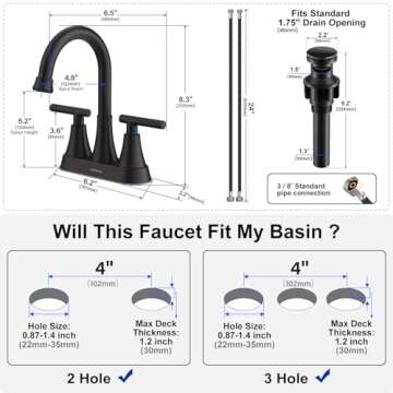 Bathroom Faucets for Sink 3 Hole, Hurran 4 inch Matte Black with Pop-up Drain and 2 Supply Hoses, Stainless Steel Lead-Free 2-Handle Centerset Faucet for Sink Vanity