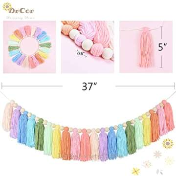 DrCor Pastel Yarn Tassel Garland Colorful Preppy Rainbow Bunting Banner String for Spring Easter Nur...
