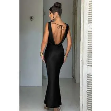 Memoriesea Women's Satin Elegant Sleeveless High Neck Tie Cocktail Party Maxi Dress Black