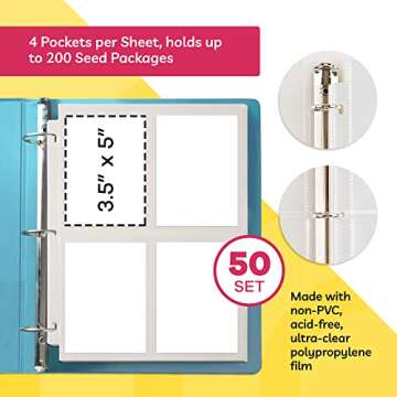 Seed Storage Organizer (50 Sheets, 3.5 x 5 Pockets) - Garden Seed Packet Organizer with 4 Pocket Sheet Protectors for 3 Ring Binders