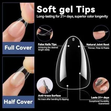 UNA GELLA Short Almond Nail Tips Pre-shape Short Almond Gel Nail Tips 216pcs Press on Nails 12 Sizes Soft Gel Acrylic Clear Fake Full Cover for Nails Extension Home DIY Salon
