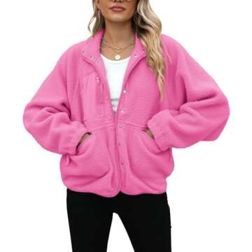 Yanekop Womens Fleece Jacket Fuzzy Long Sleeve Short Coats Button Down Sherpa Outerwear with Pockets(A Hot Pink,M)