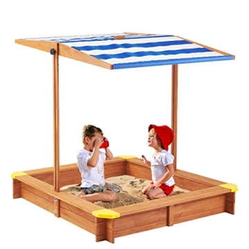 Kids Sandbox with Cover, 46.5" Wooden Sand Box w/Adjustable Canopy, Large Outdoor Cedar Sandpit for ...