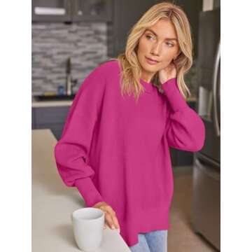 EFAN Women's Oversized Sweaters 2025 Fall Trendy Crewneck Batwing Sleeve Chunky Knit Long Pullover Cute Tunic Tops Dress Winter Clothes Cashmere Fashion Outfits Ladies Clothing Hot Pink S