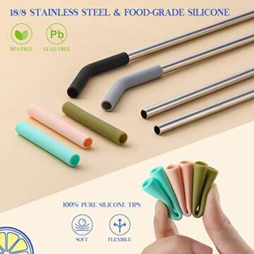 12-Pcs Reusable Metal Straws with Silicone Tips, Stainless Steel Drinking Straws with 3 Cleaning Brushes & 1 Portable Bag- Perfect for 30 oz and 20 oz Tumblers